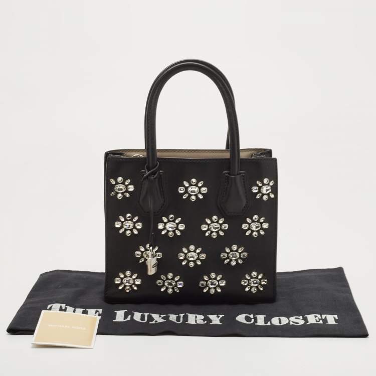Pre Owned Michael Kors Black Leather Small Crystals Embellished Mercer Tote