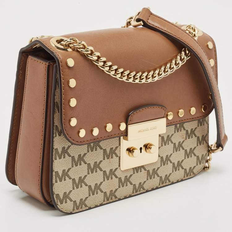 Pre Owned Michael Kors Beige/Brown Signature Coated Canvas and Leather Medium Sloan Studded Bag