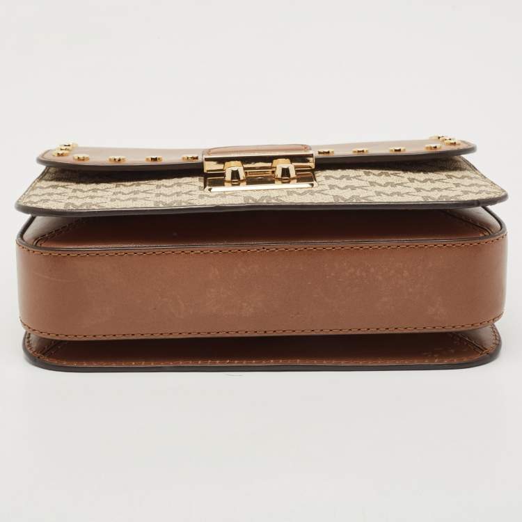 Pre Owned Michael Kors Beige/Brown Signature Coated Canvas and Leather Medium Sloan Studded Bag