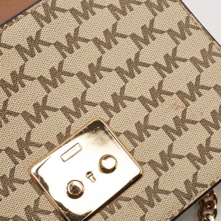 Pre Owned Michael Kors Beige/Brown Signature Coated Canvas and Leather Medium Sloan Studded Bag