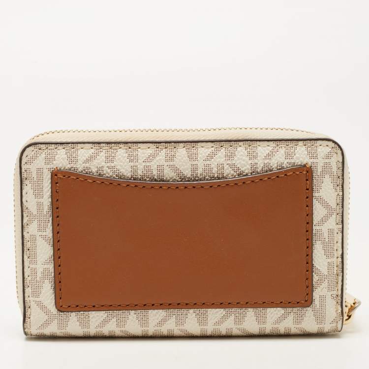 Pre Owned Michael Kors Off White/Grey Signature Coated Canvas Compact Zip Wallet