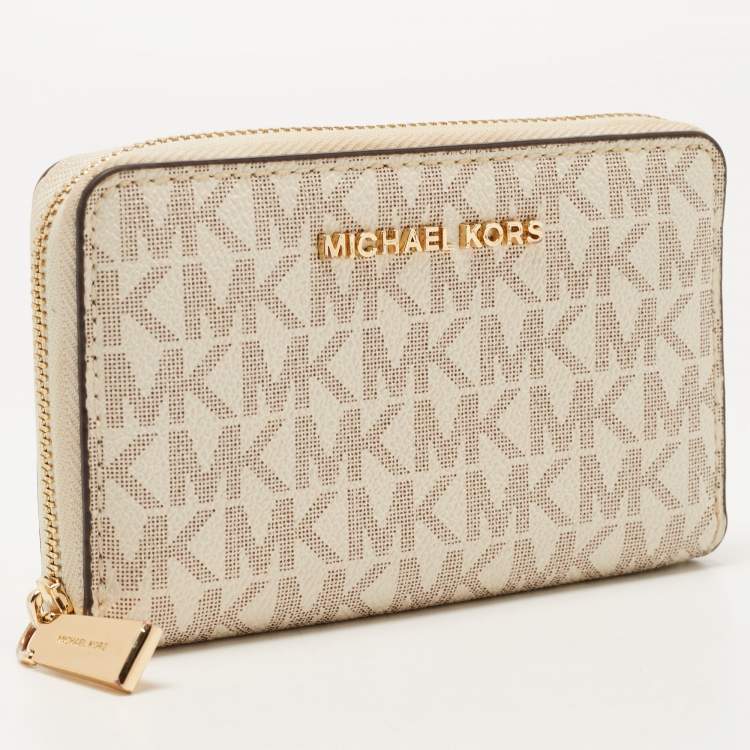 Pre Owned Michael Kors Off White/Grey Signature Coated Canvas Compact Zip Wallet