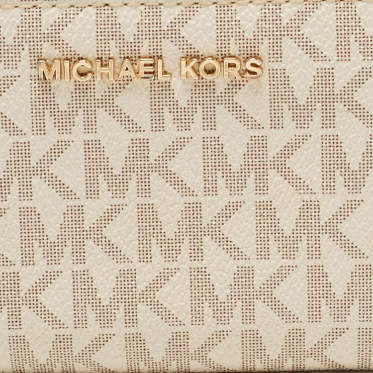 Pre Owned Michael Kors Off White/Grey Signature Coated Canvas Compact Zip Wallet