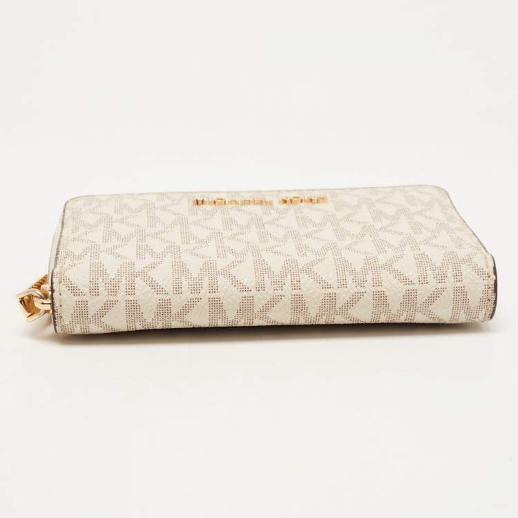 Pre Owned Michael Kors Off White/Grey Signature Coated Canvas Compact Zip Wallet