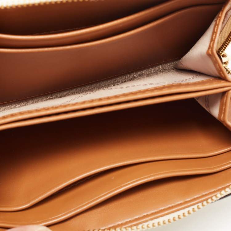 Pre Owned Michael Kors Off White/Grey Signature Coated Canvas Compact Zip Wallet