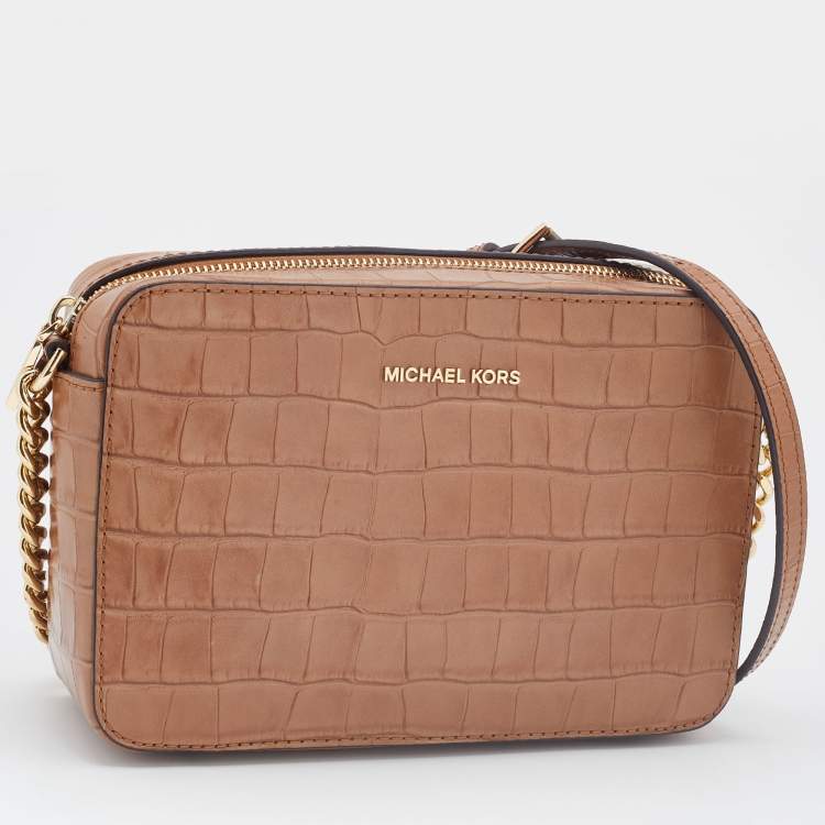 مملوكة مسبقًا Michael Kors Brown Croc Embossed Leather Medium Ginny Crossbody Bag 
