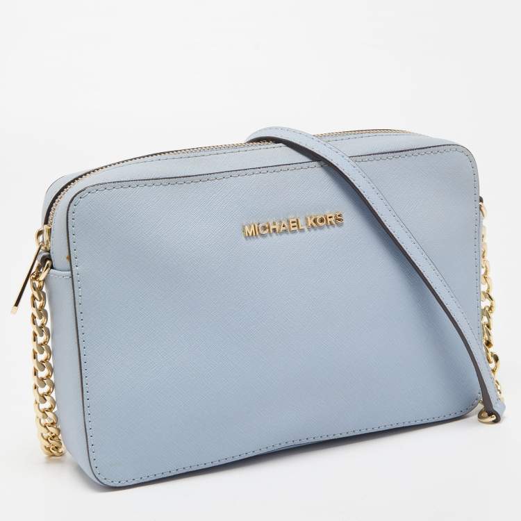 Pre Owned Michael Kors Light Blue Saffiano Leather Jet Set Camera Crossbody Bag 