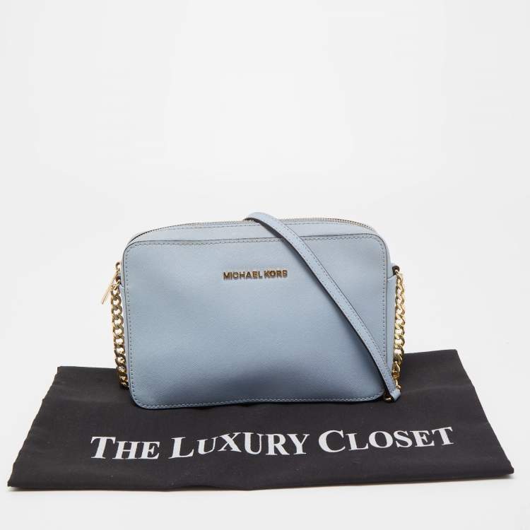 Pre Owned Michael Kors Light Blue Saffiano Leather Jet Set Camera Crossbody Bag 