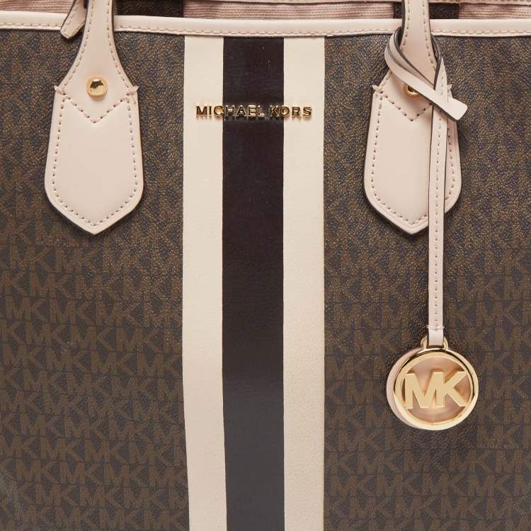 Pre Owned Michael Kors Old Rose/Brown Signature Coated Canvas and Leather Large Logo Stripe Eva Tote