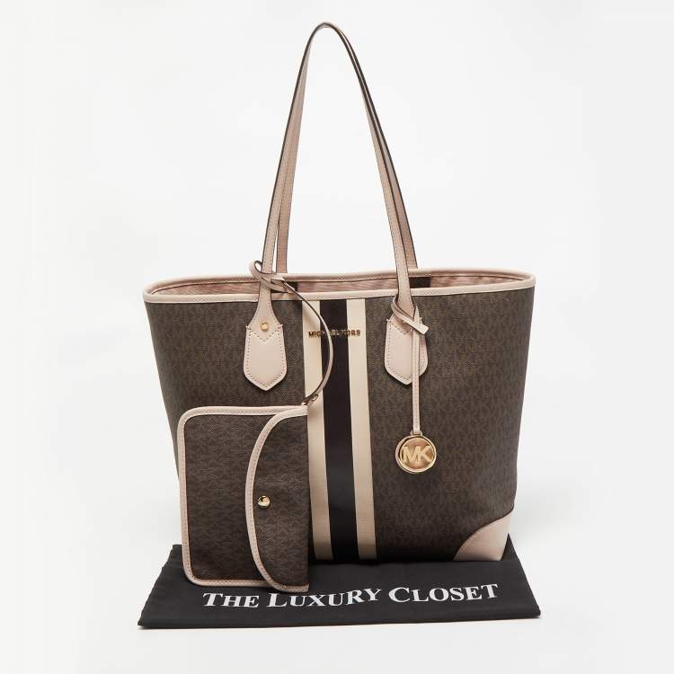 Pre Owned Michael Kors Old Rose/Brown Signature Coated Canvas and Leather Large Logo Stripe Eva Tote