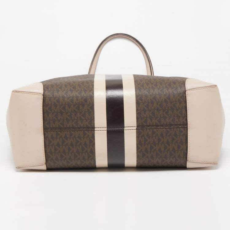 Pre Owned Michael Kors Old Rose/Brown Signature Coated Canvas and Leather Large Logo Stripe Eva Tote