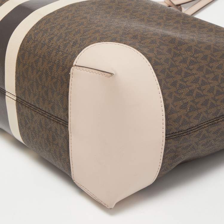 Pre Owned Michael Kors Old Rose/Brown Signature Coated Canvas and Leather Large Logo Stripe Eva Tote