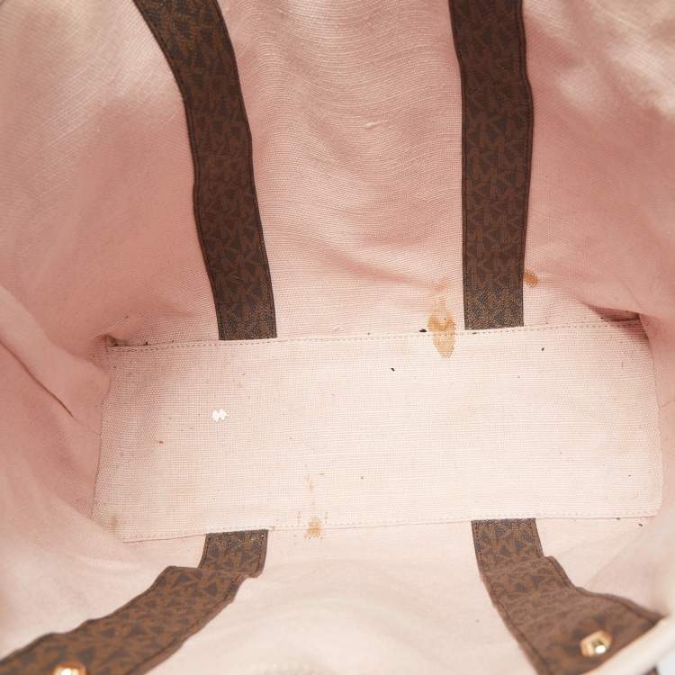 Pre Owned Michael Kors Old Rose/Brown Signature Coated Canvas and Leather Large Logo Stripe Eva Tote