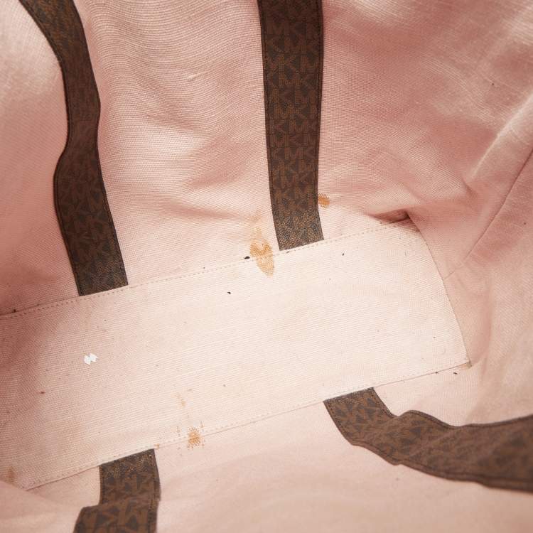 Pre Owned Michael Kors Old Rose/Brown Signature Coated Canvas and Leather Large Logo Stripe Eva Tote