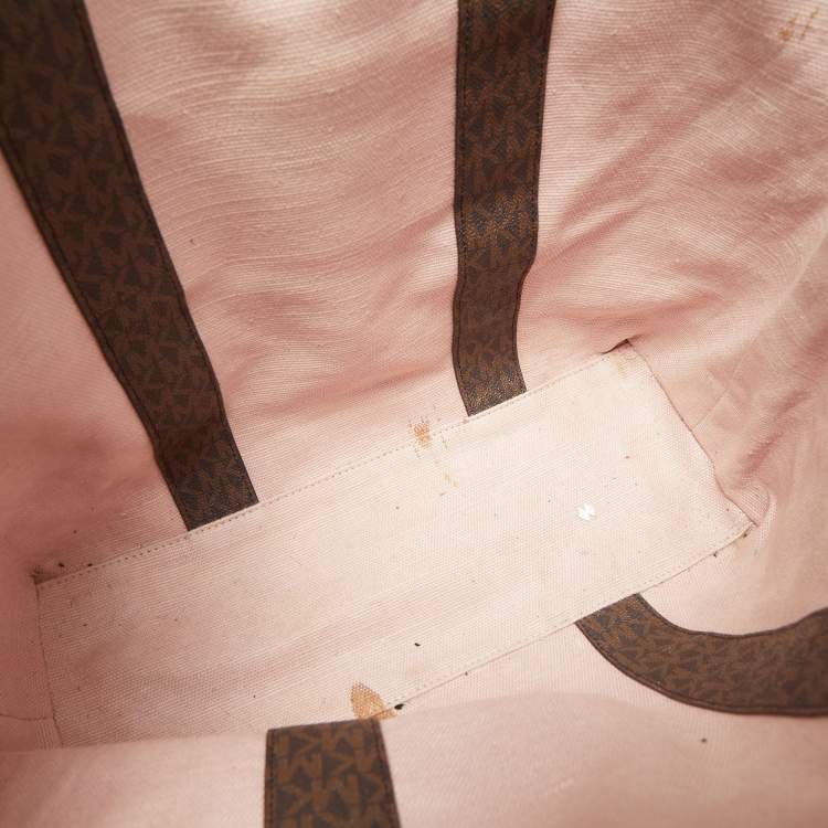 Pre Owned Michael Kors Old Rose/Brown Signature Coated Canvas and Leather Large Logo Stripe Eva Tote