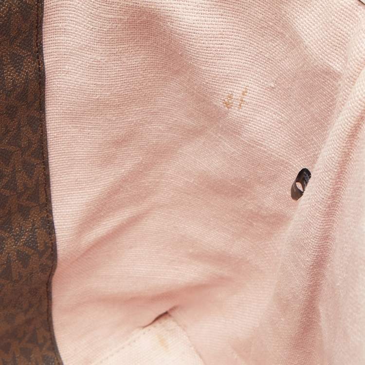 Pre Owned Michael Kors Old Rose/Brown Signature Coated Canvas and Leather Large Logo Stripe Eva Tote