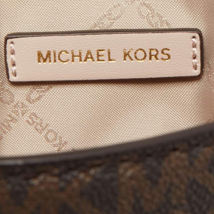 Pre Owned Michael Kors Old Rose/Brown Signature Coated Canvas and Leather Large Logo Stripe Eva Tote