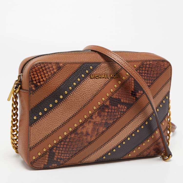 Pre Owned Michael Kors Brown Leather Patchwork Jet Set Crossbody Bag