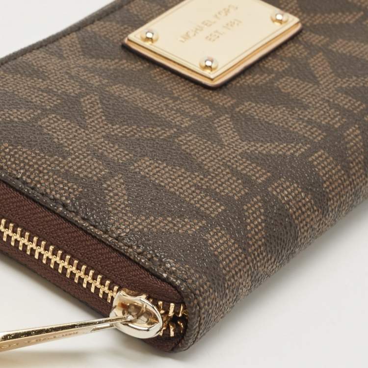 Pre Owned Michael Kors Dark Brown Monogram Coated Canvas Zip Around Wallet