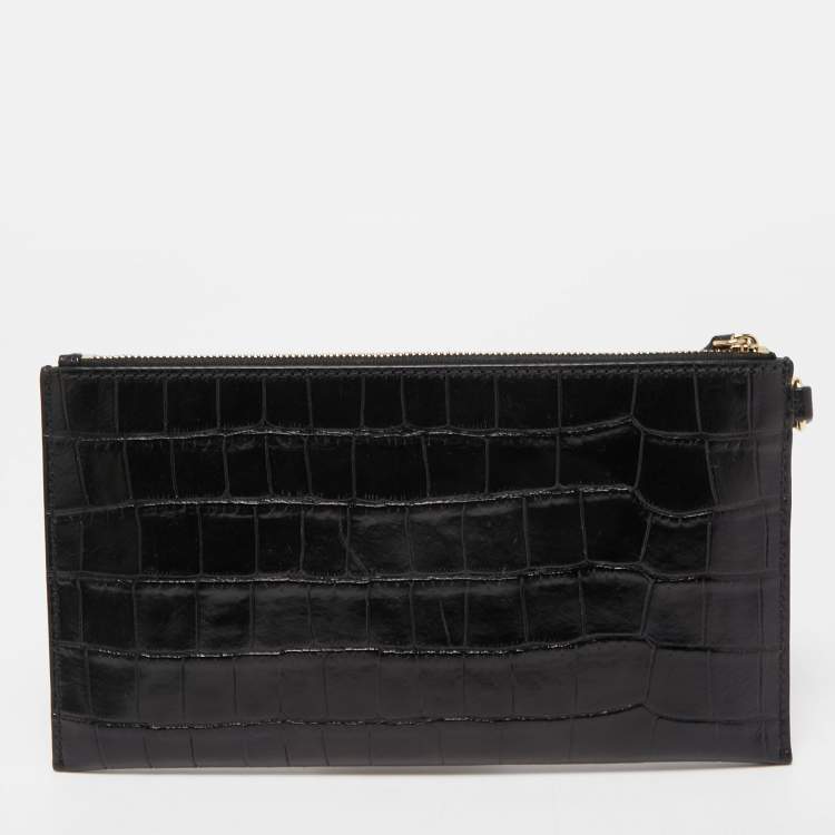 Pre Owned Michael Kors Black Croc Embossed Leather Wristlet Clutch