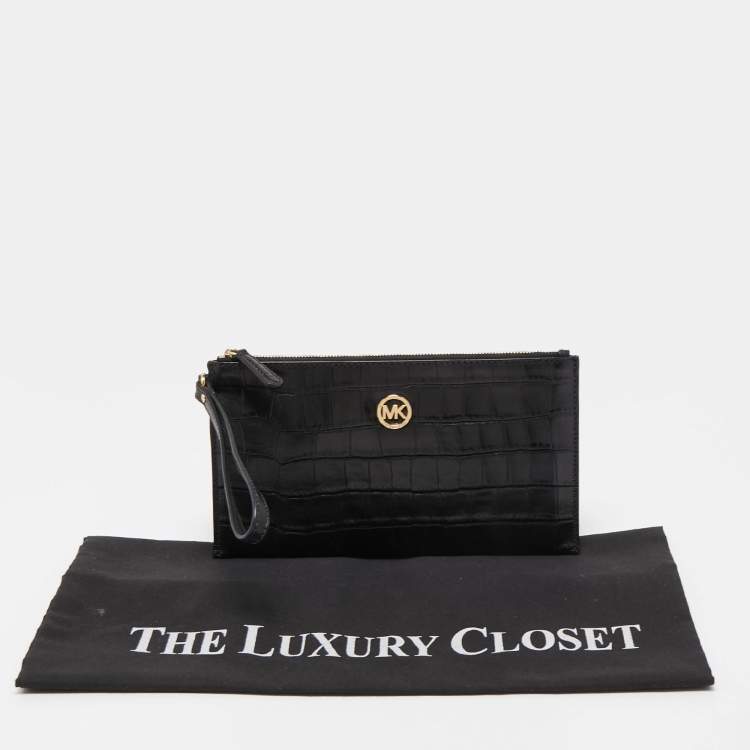 Pre Owned Michael Kors Black Croc Embossed Leather Wristlet Clutch