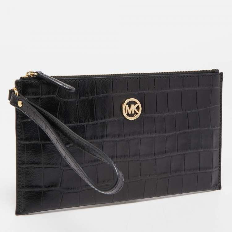 Pre Owned Michael Kors Black Croc Embossed Leather Wristlet Clutch