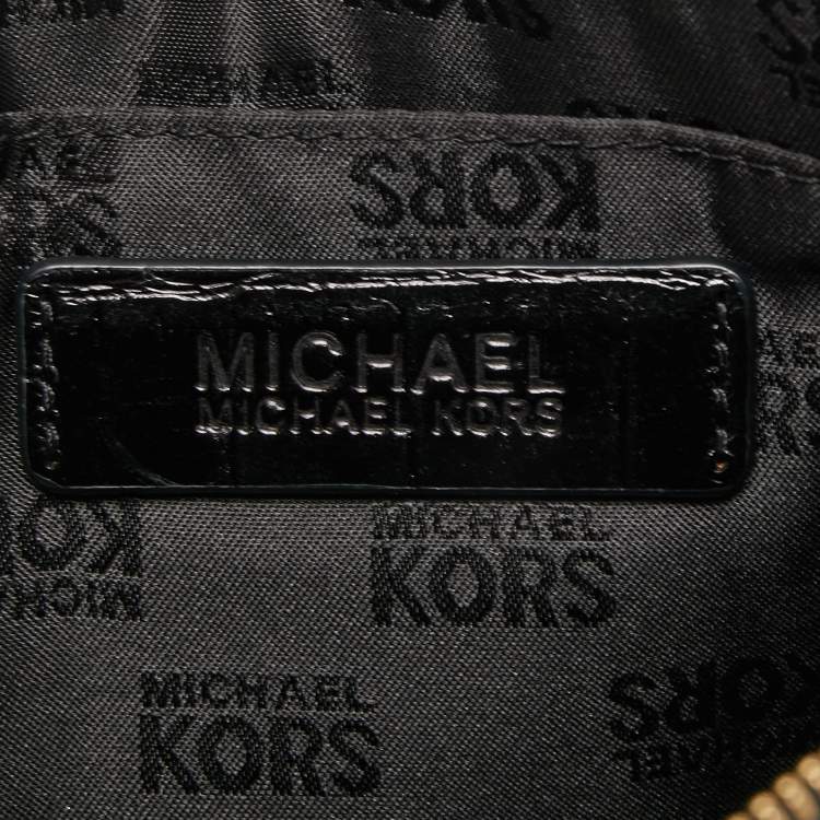 Pre Owned Michael Kors Black Croc Embossed Leather Wristlet Clutch