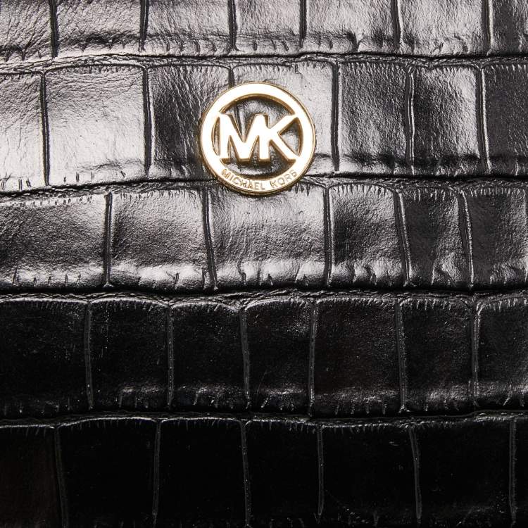 Pre Owned Michael Kors Black Croc Embossed Leather Wristlet Clutch