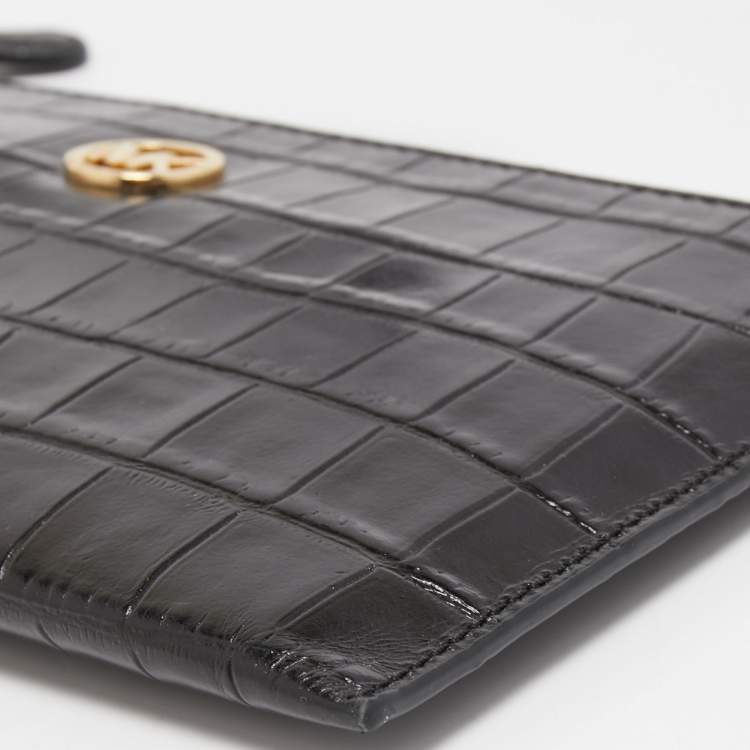 Pre Owned Michael Kors Black Croc Embossed Leather Wristlet Clutch