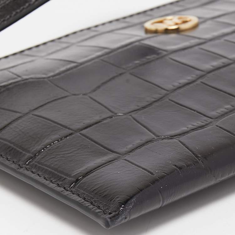 Pre Owned Michael Kors Black Croc Embossed Leather Wristlet Clutch