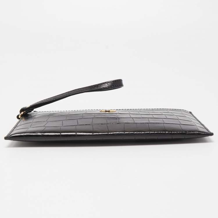Pre Owned Michael Kors Black Croc Embossed Leather Wristlet Clutch
