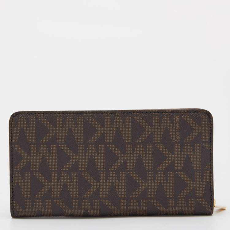 Pre Owned Michael Kors Brown Signature Coated Canvas Zip Around Wallet