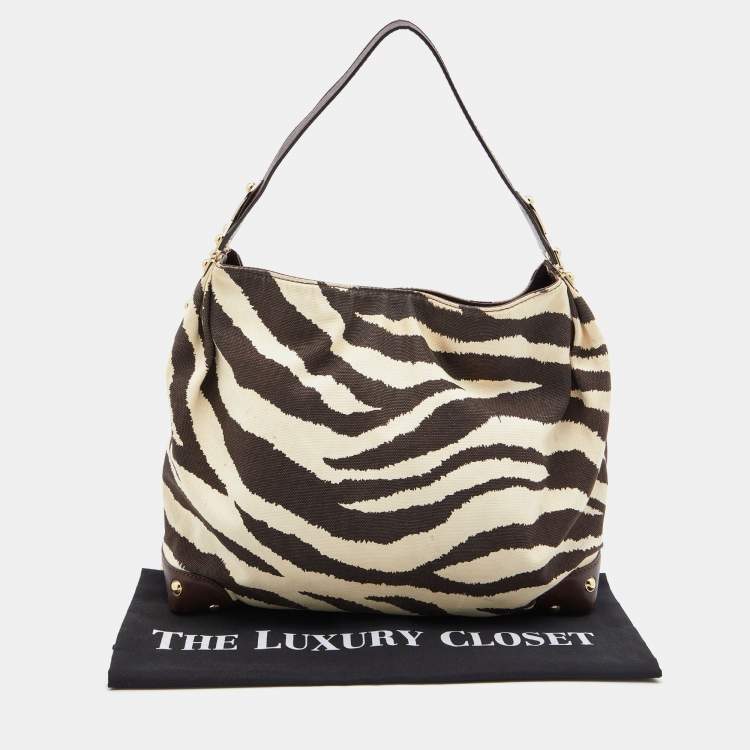 Pre Owned MICHAEL Michael Kors Brown/Beige Zebra Print Canvas and Leather Hobo