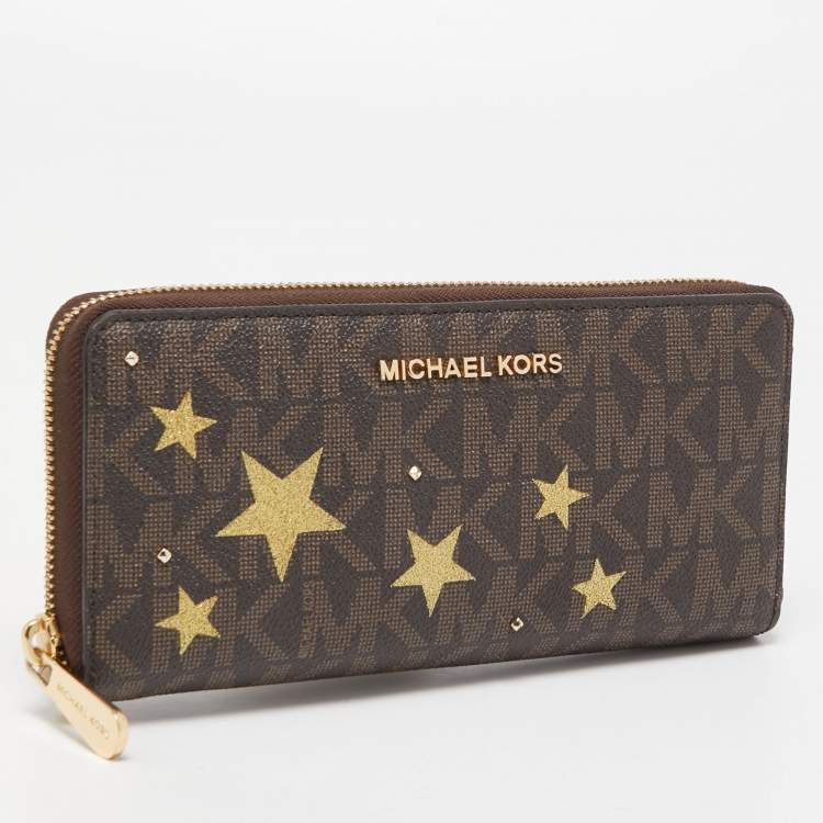 Pre Owned Michael Kors Brown Signature Coated Canvas Strap Zip Around Wallet