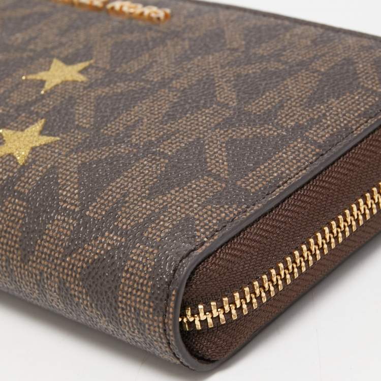 Pre Owned Michael Kors Brown Signature Coated Canvas Strap Zip Around Wallet