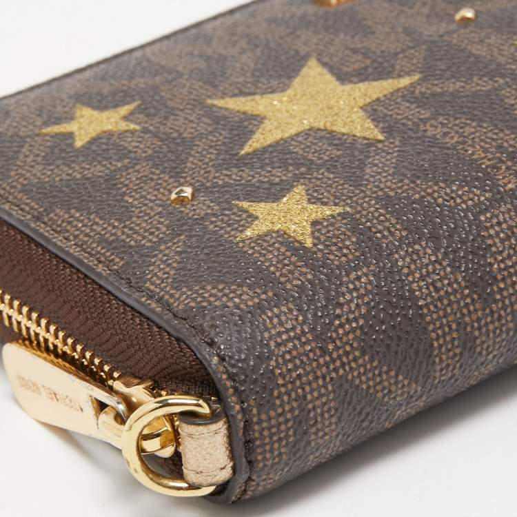 Pre Owned Michael Kors Brown Signature Coated Canvas Strap Zip Around Wallet