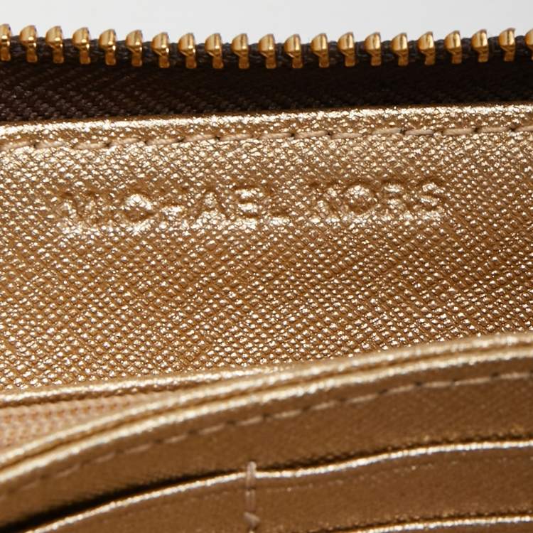 Pre Owned Michael Kors Brown Signature Coated Canvas Strap Zip Around Wallet