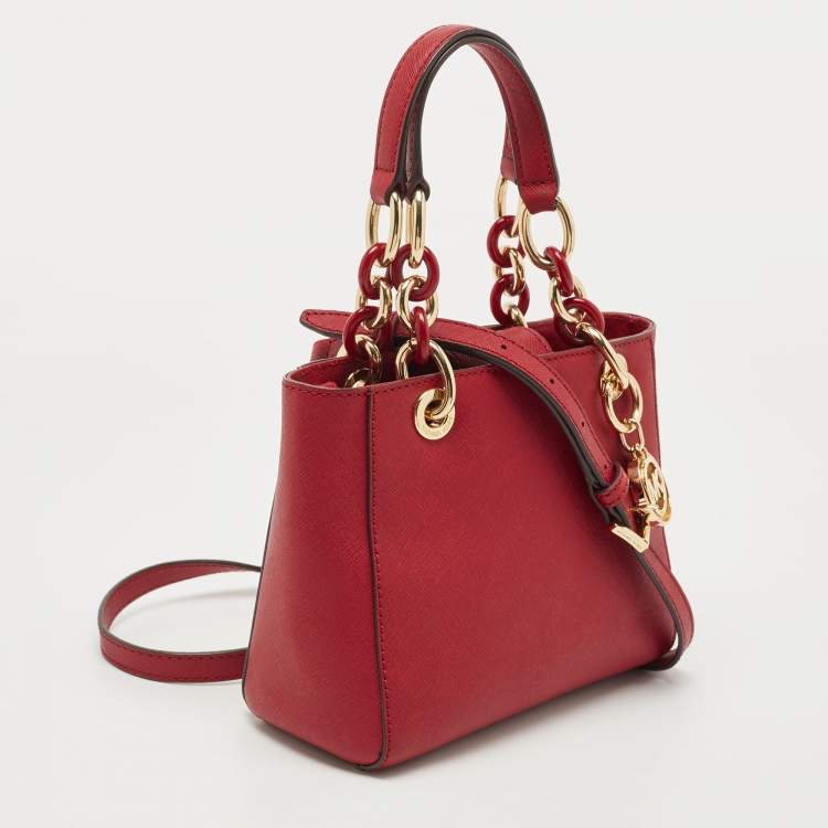 Pre Owned MICHAEL Michael Kors Red Leather Mini Cynthia Tote