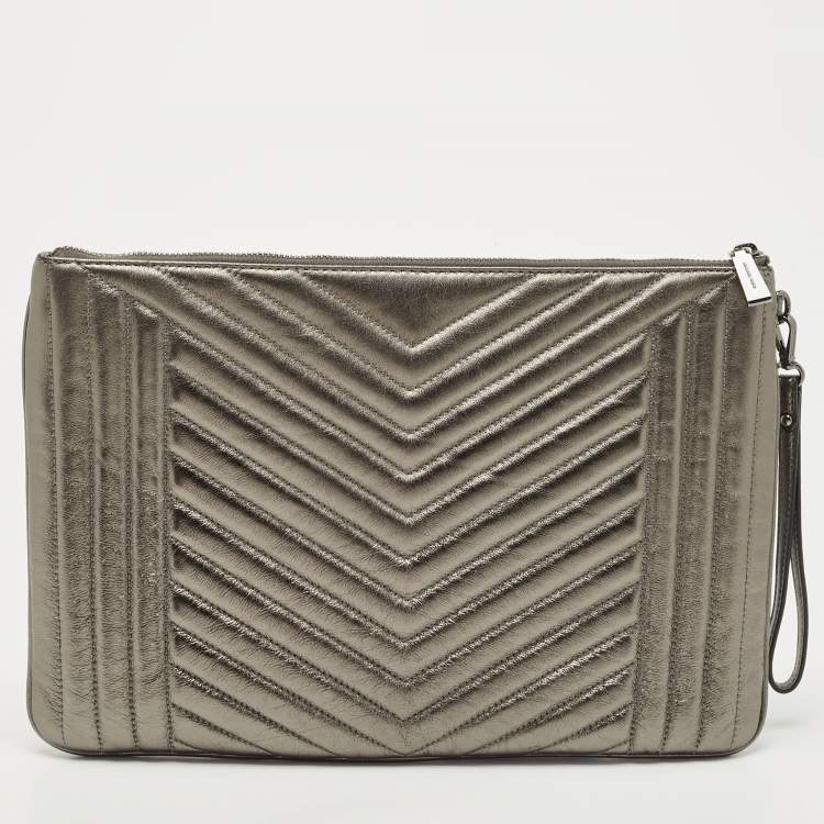Pre Owned Michael Kors Grey Quilted Leather Extra Large Jet Set Pouch