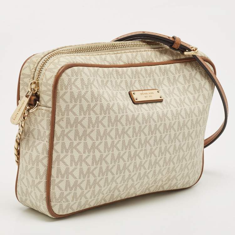 Pre Owned Michael Kors Tan/Off White Signature Coated Canvas and Leather Jet Set Camera Crossbody Bag