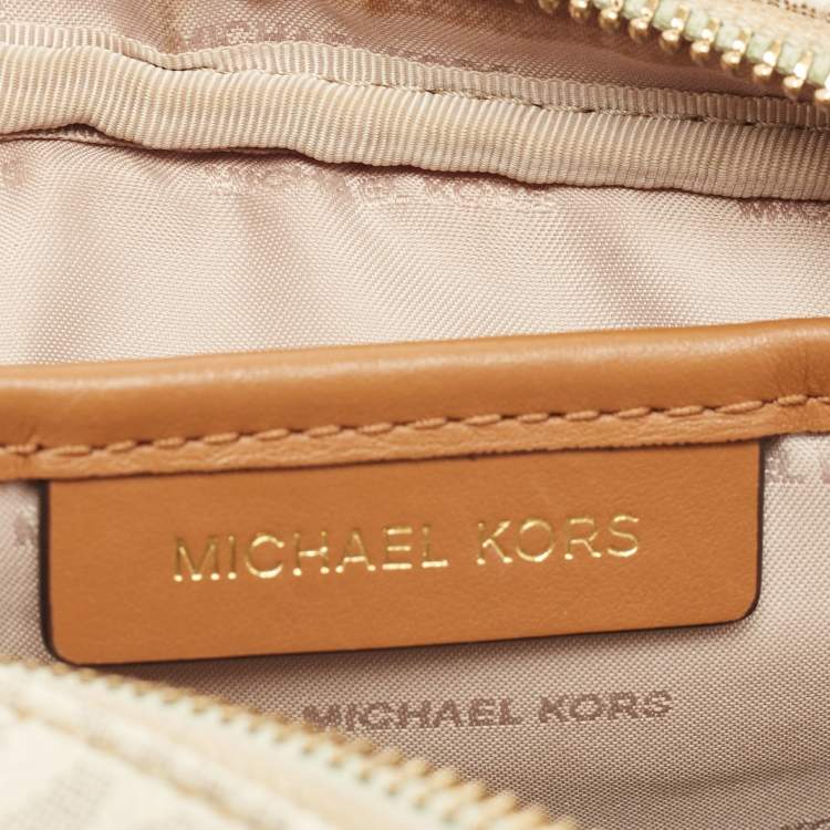 Pre Owned Michael Kors Tan/Off White Signature Coated Canvas and Leather Jet Set Camera Crossbody Bag
