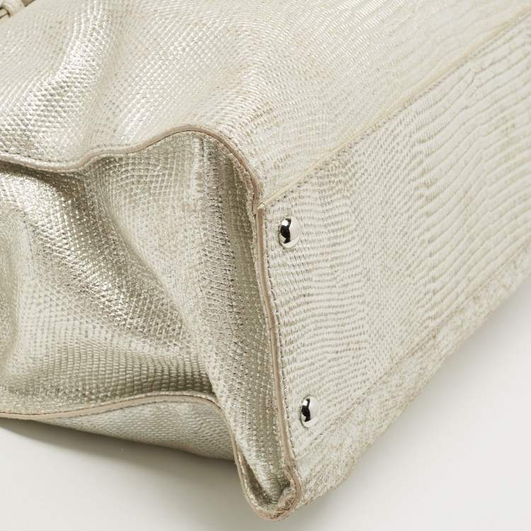 Pre Owned Michael Kors Silver Lizard Embossed Leather East West Hamilton Tote