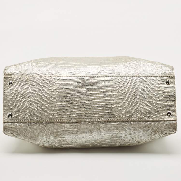 Pre Owned Michael Kors Silver Lizard Embossed Leather East West Hamilton Tote