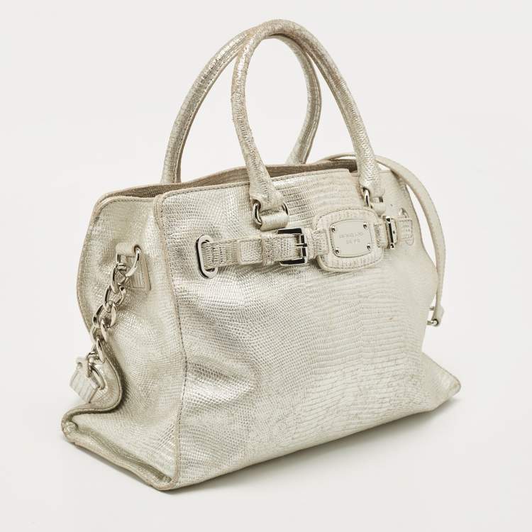 Pre Owned Michael Kors Silver Lizard Embossed Leather East West Hamilton Tote
