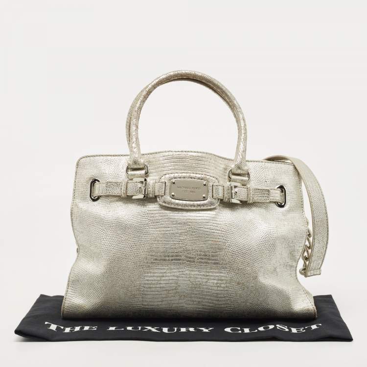 Pre Owned Michael Kors Silver Lizard Embossed Leather East West Hamilton Tote