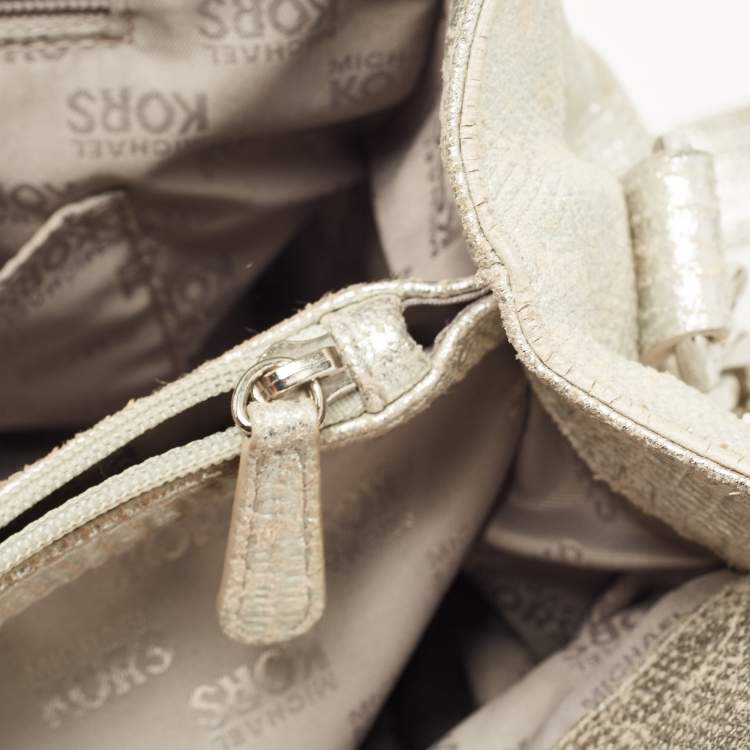 Pre Owned Michael Kors Silver Lizard Embossed Leather East West Hamilton Tote