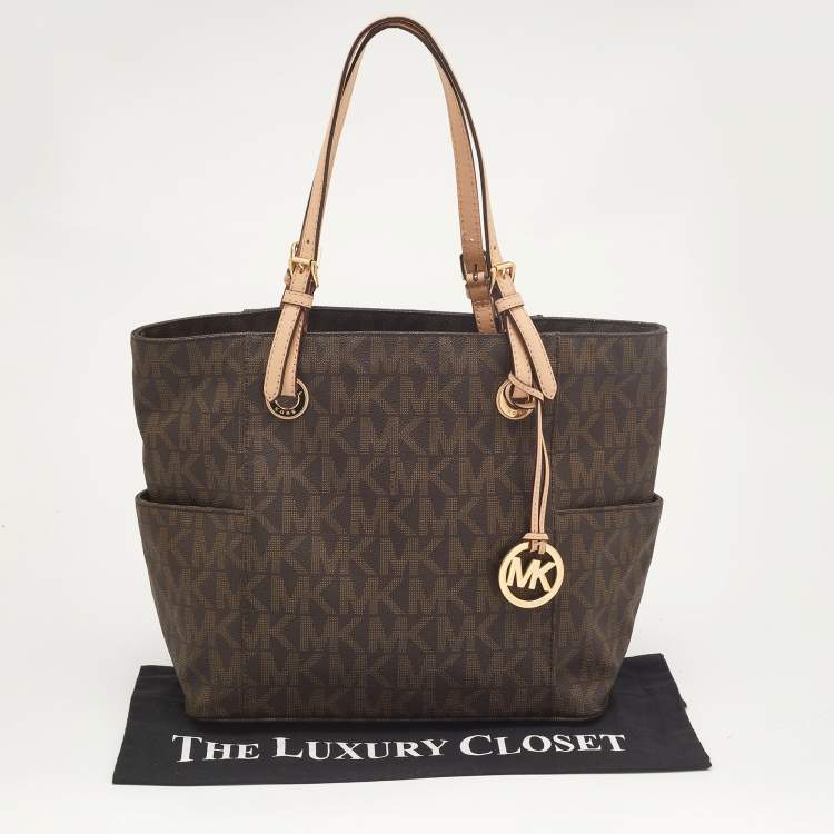 Pre Owned MICHAEL Michael Kors Dark Brown Signature Coated Canvas and Leather Jet Set Tote
