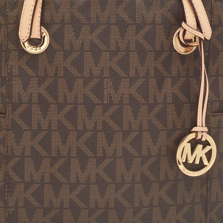 Pre Owned MICHAEL Michael Kors Dark Brown Signature Coated Canvas and Leather Jet Set Tote