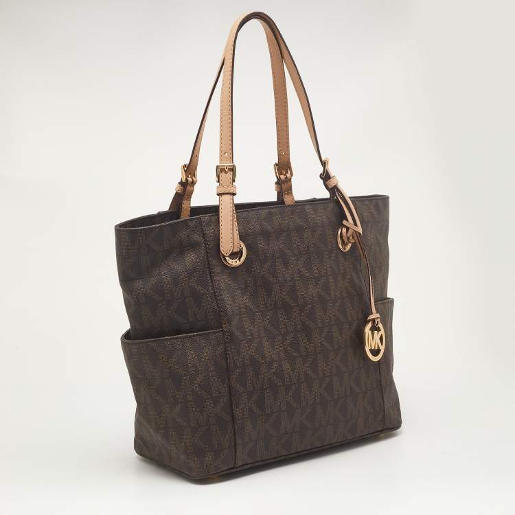Pre Owned MICHAEL Michael Kors Dark Brown Signature Coated Canvas and Leather Jet Set Tote