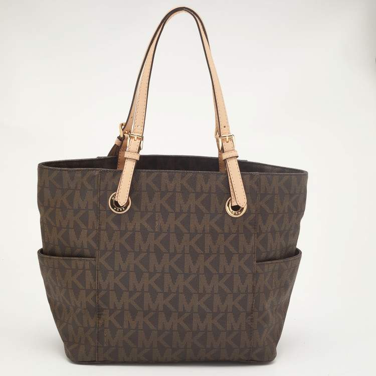 Pre Owned MICHAEL Michael Kors Dark Brown Signature Coated Canvas and Leather Jet Set Tote